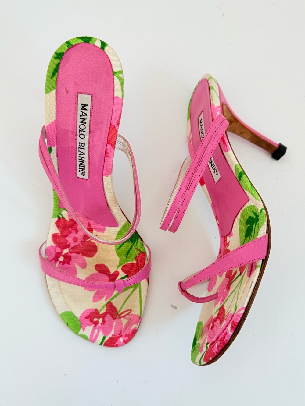 Manolo Blahnik Discus Pink Floral Thong Sandals Vintage Heels 36.5
